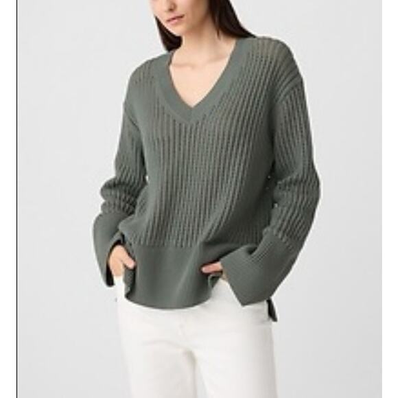 Gap Relaxed Crochet V Neck Sweater Sz M Green Bell Sleeve Boho Beach Hippie - Picture 1 of 10